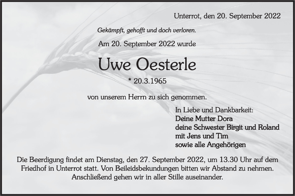  Traueranzeige für Uwe Oesterle vom 24.09.2022 aus Rundschau Gaildorf