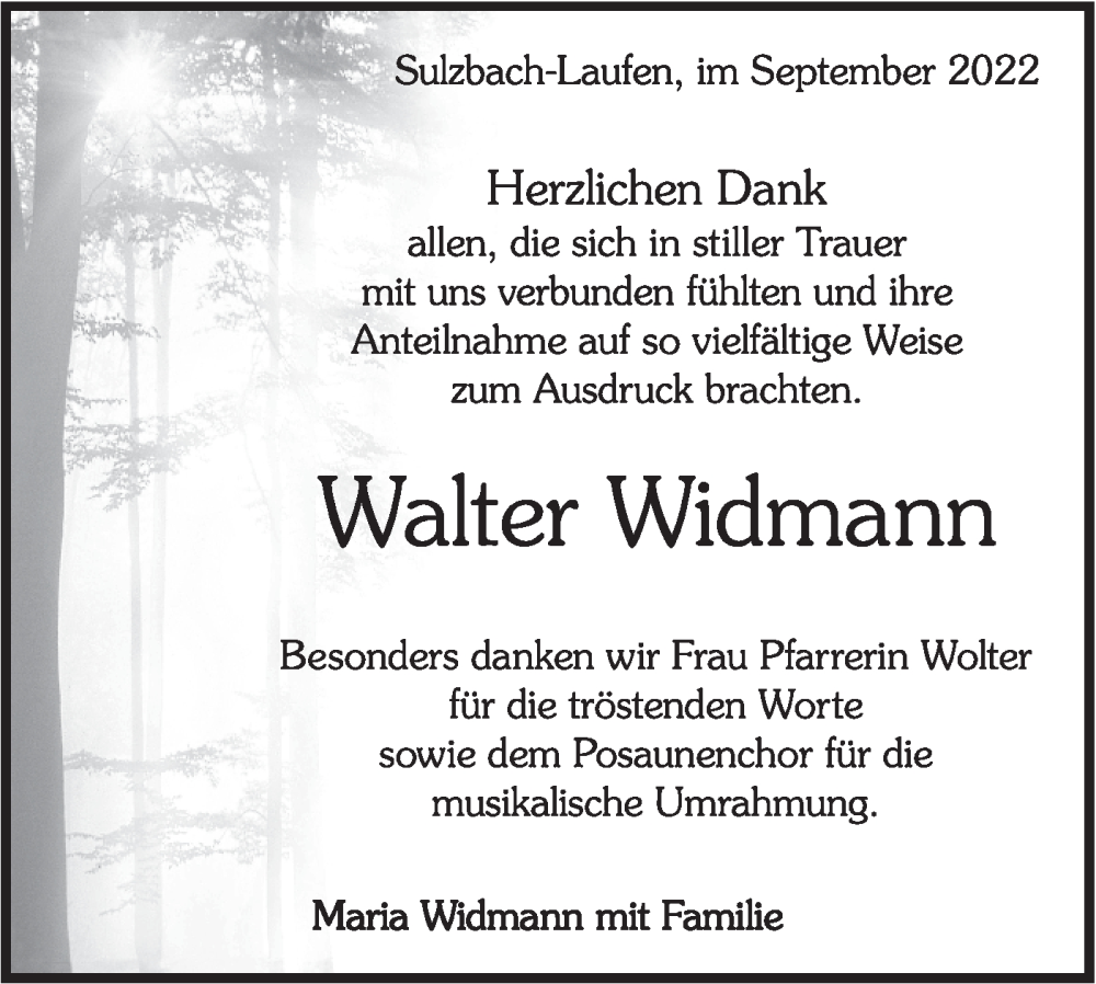  Traueranzeige für Walter Widmann vom 24.09.2022 aus Rundschau Gaildorf
