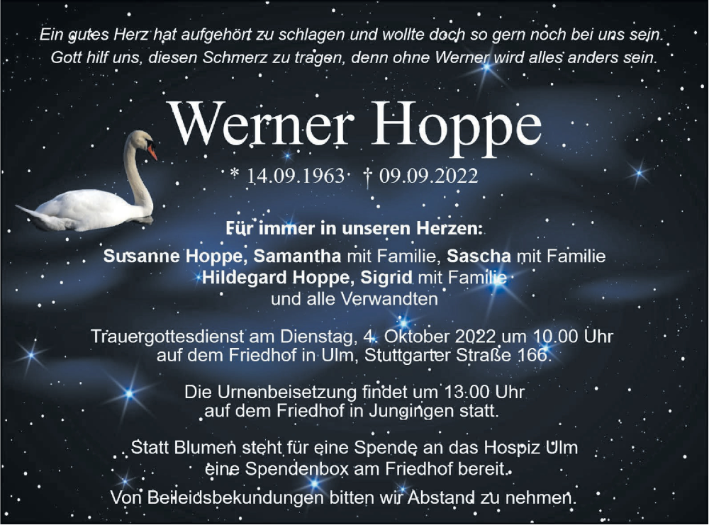  Traueranzeige für Werner Hoppe vom 28.09.2022 aus SÜDWEST PRESSE Ausgabe Ulm/Neu-Ulm