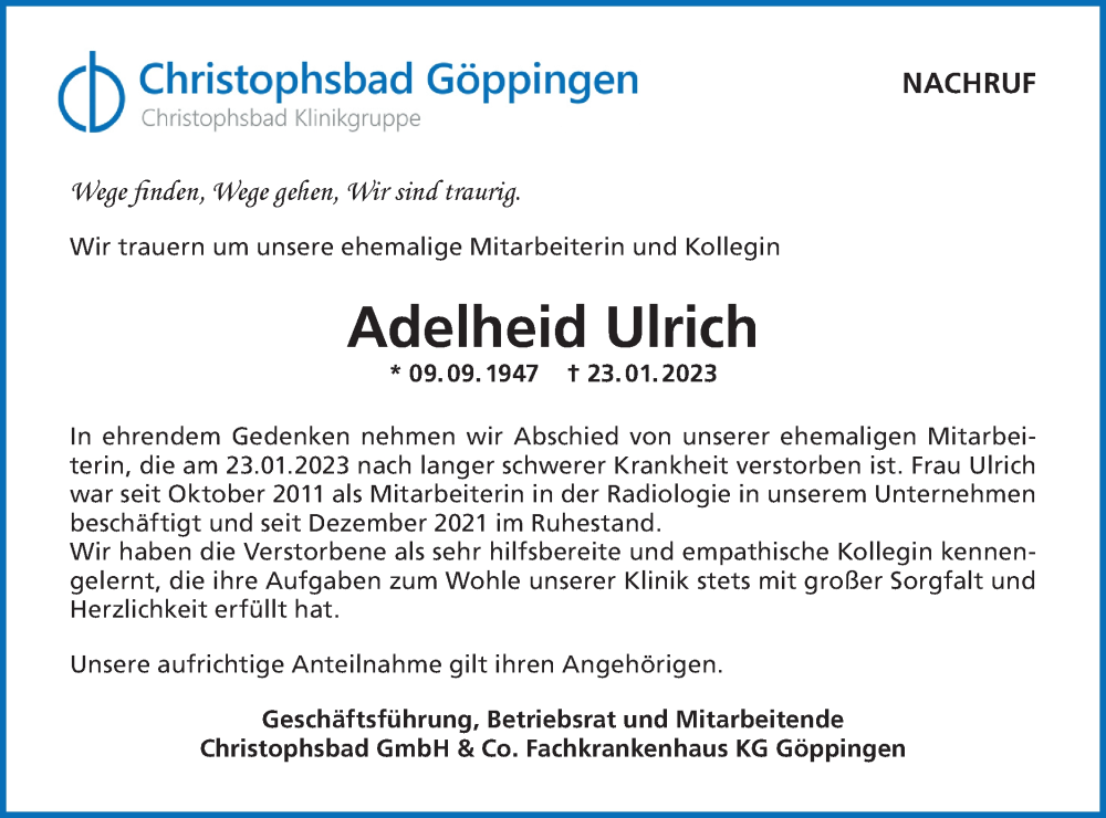  Traueranzeige für Adelheid Ulrich vom 27.01.2023 aus NWZ Neue Württembergische Zeitung