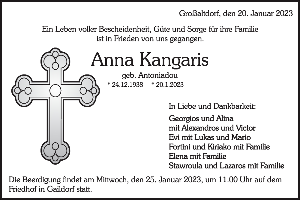  Traueranzeige für Anna Kangaris vom 24.01.2023 aus Rundschau Gaildorf