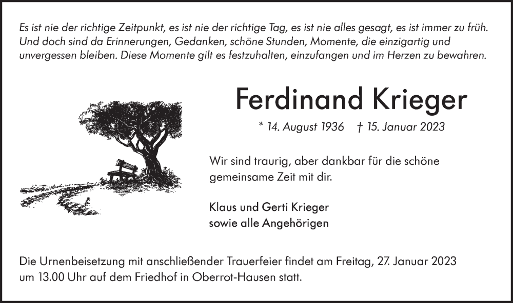  Traueranzeige für Ferdinand Krieger vom 24.01.2023 aus Rundschau Gaildorf