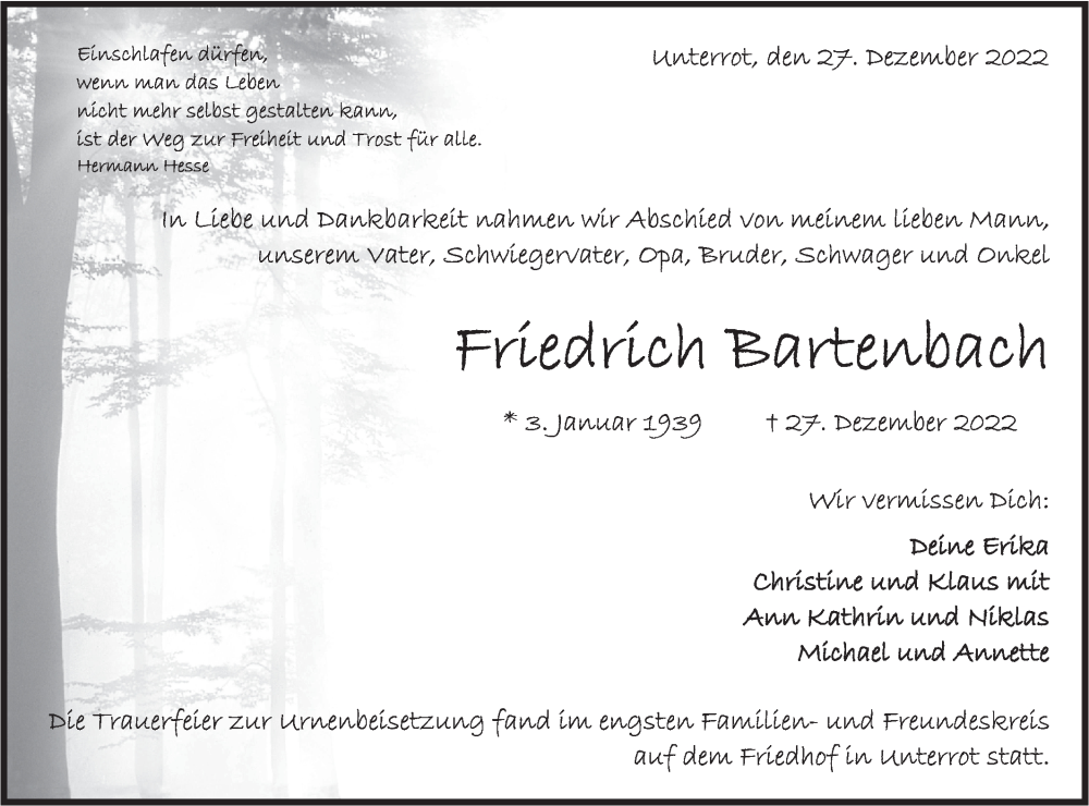  Traueranzeige für Friedrich Bartenbach vom 05.01.2023 aus Rundschau Gaildorf