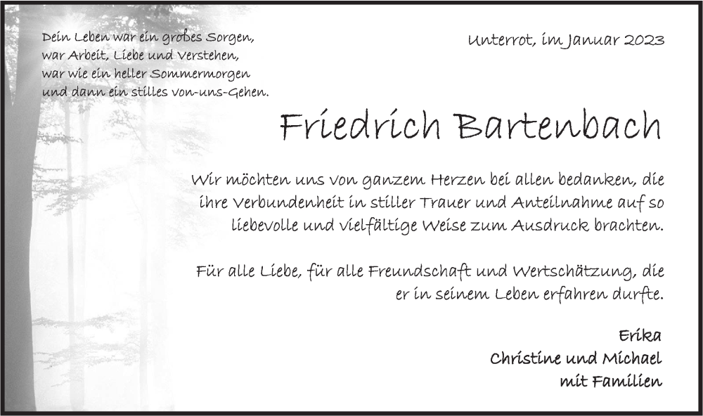  Traueranzeige für Friedrich Bartenbach vom 21.01.2023 aus Rundschau Gaildorf