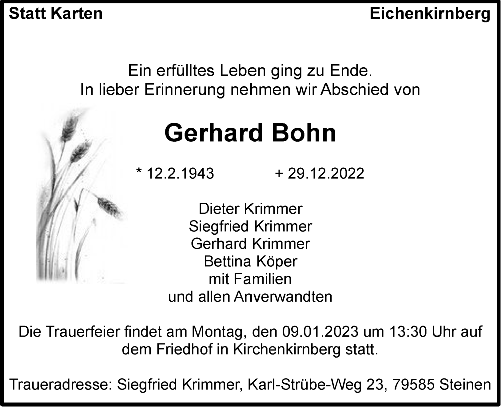  Traueranzeige für Gerhard Bohn vom 03.01.2023 aus Rundschau Gaildorf
