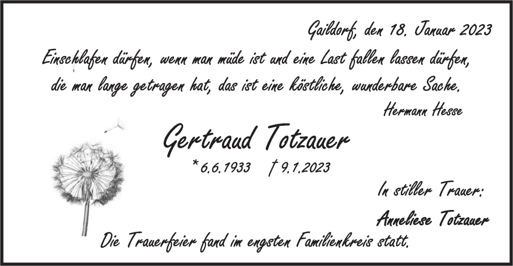 Traueranzeige für Gertraud Totzauer vom 19.01.2023 aus Rundschau Gaildorf