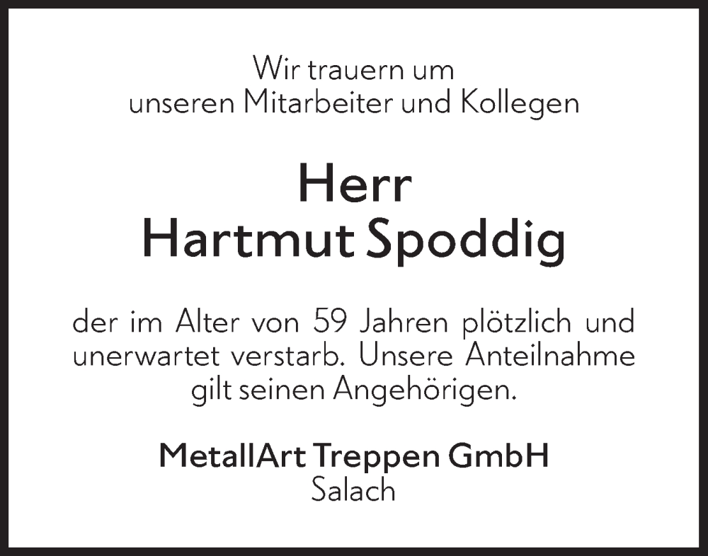  Traueranzeige für Hartmut Spoddig vom 25.01.2023 aus NWZ Neue Württembergische Zeitung