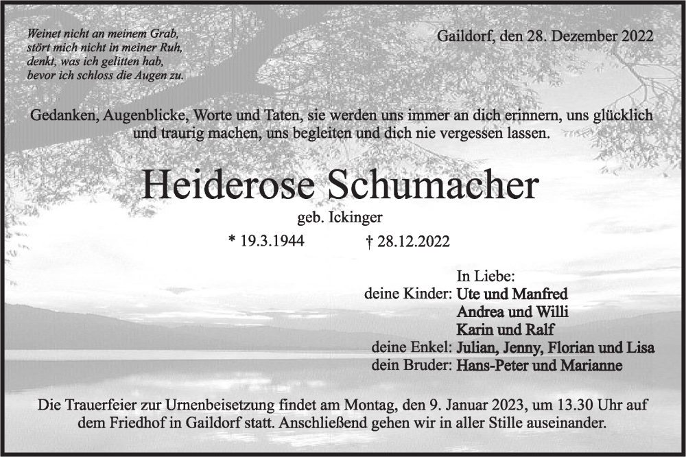 Traueranzeige für Heiderose Schumacher vom 04.01.2023 aus Rundschau Gaildorf