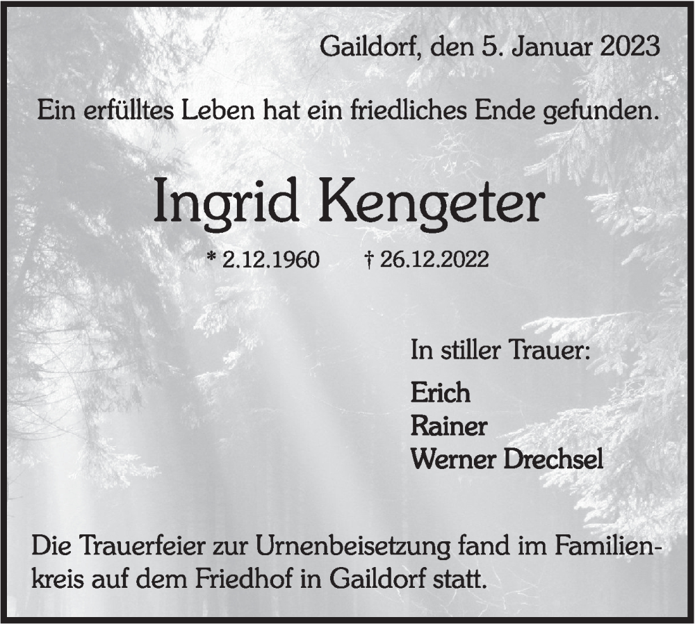  Traueranzeige für Ingrid Kengeter vom 07.01.2023 aus Rundschau Gaildorf