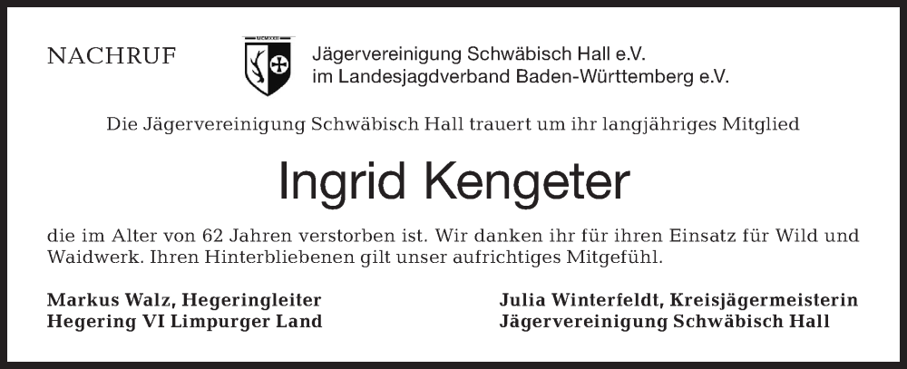  Traueranzeige für Ingrid Kengeter vom 12.01.2023 aus Rundschau Gaildorf