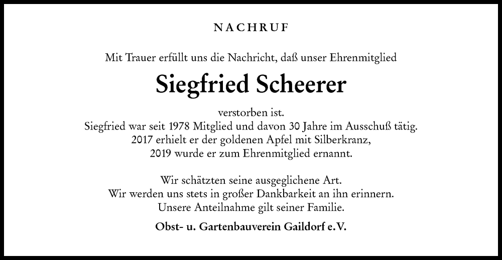  Traueranzeige für Siegfried Scheerer vom 14.01.2023 aus Rundschau Gaildorf