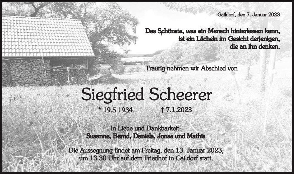  Traueranzeige für Siegfried Scheerer vom 11.01.2023 aus Rundschau Gaildorf