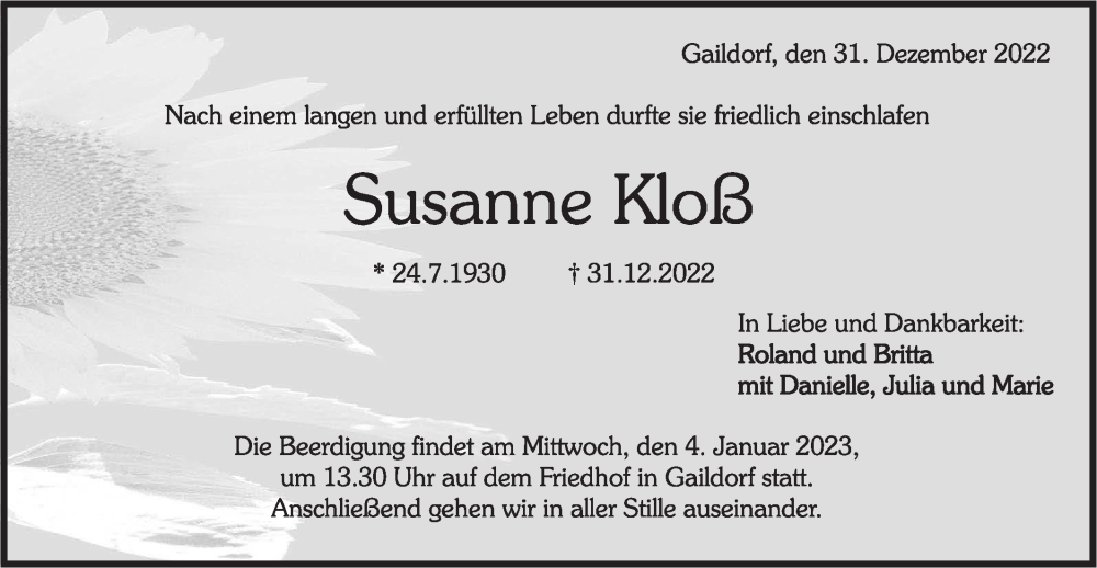  Traueranzeige für Susanne Kloß vom 03.01.2023 aus Rundschau Gaildorf