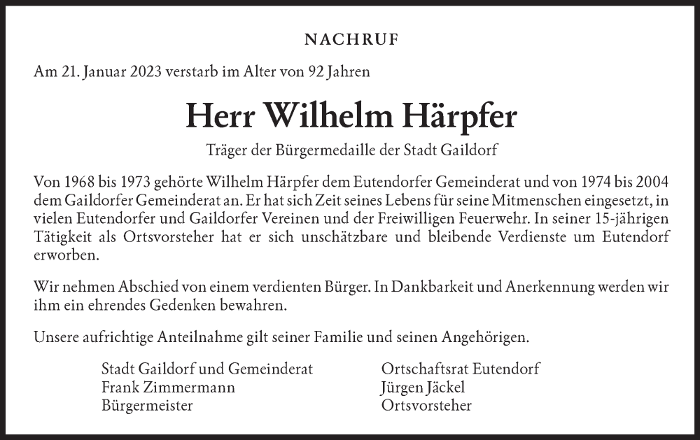  Traueranzeige für Wilhelm Härpfer vom 26.01.2023 aus Rundschau Gaildorf