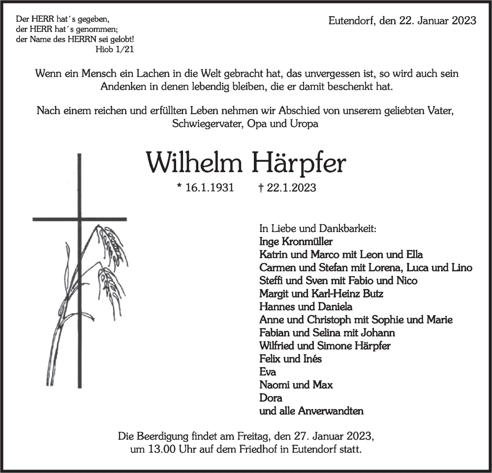  Traueranzeige für Wilhelm Härpfer vom 24.01.2023 aus Rundschau Gaildorf
