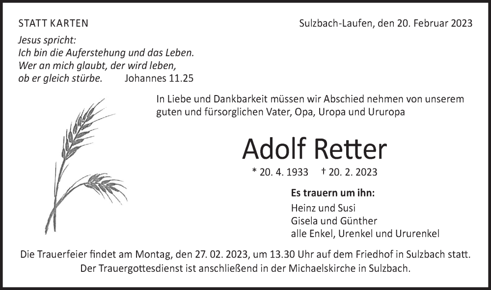  Traueranzeige für Adolf Retter vom 25.02.2023 aus Rundschau Gaildorf