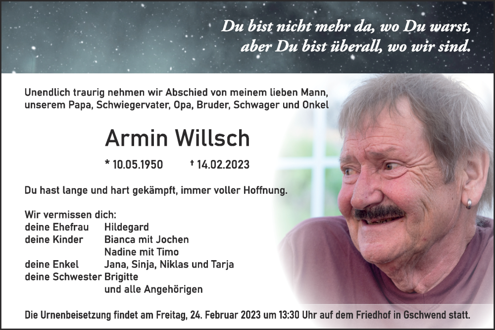  Traueranzeige für Armin Willsch vom 22.02.2023 aus Rundschau Gaildorf