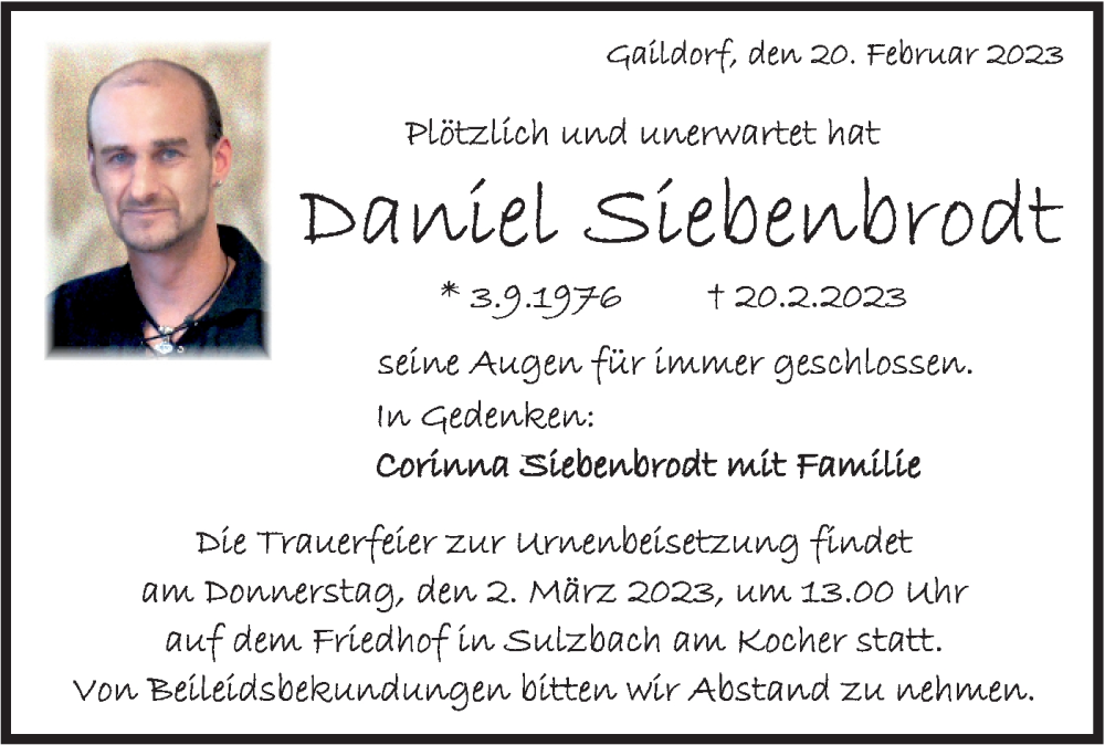  Traueranzeige für Daniel Siebenbrodt vom 28.02.2023 aus Rundschau Gaildorf