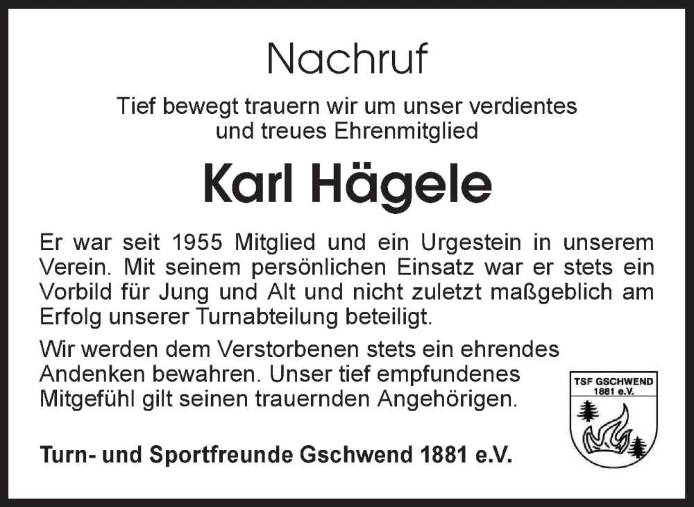  Traueranzeige für Karl Hägele vom 25.02.2023 aus Rundschau Gaildorf