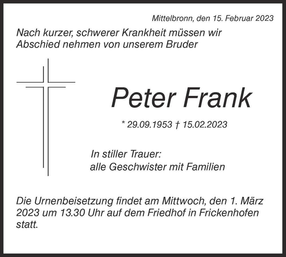  Traueranzeige für Peter Frank vom 27.02.2023 aus Rundschau Gaildorf