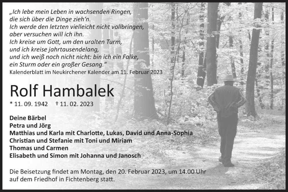  Traueranzeige für Rolf Hambalek vom 15.02.2023 aus Rundschau Gaildorf