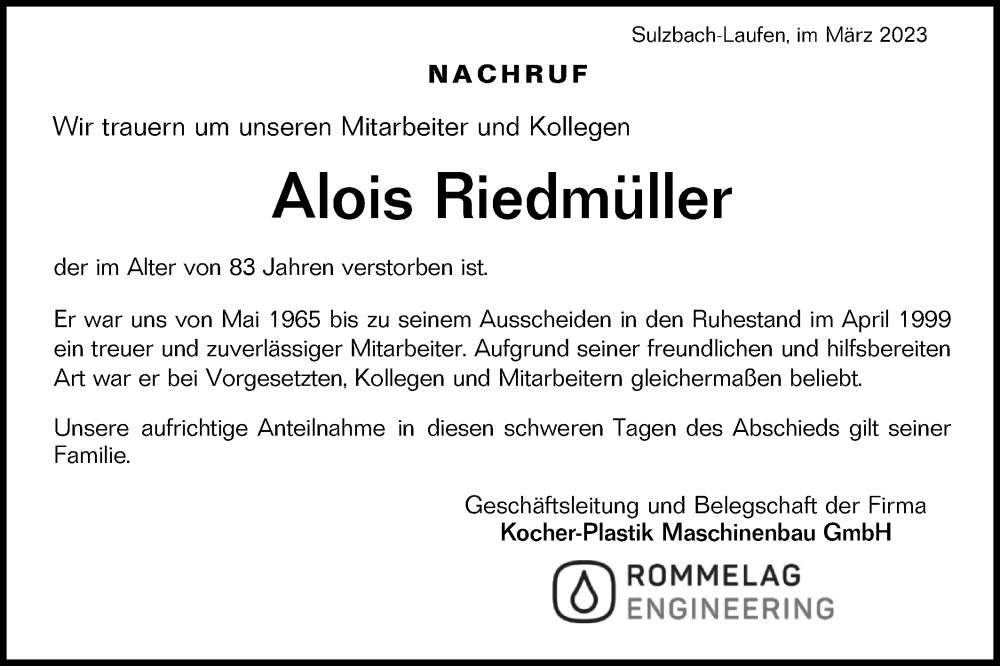  Traueranzeige für Alois Riedmüller vom 16.03.2023 aus Rundschau Gaildorf