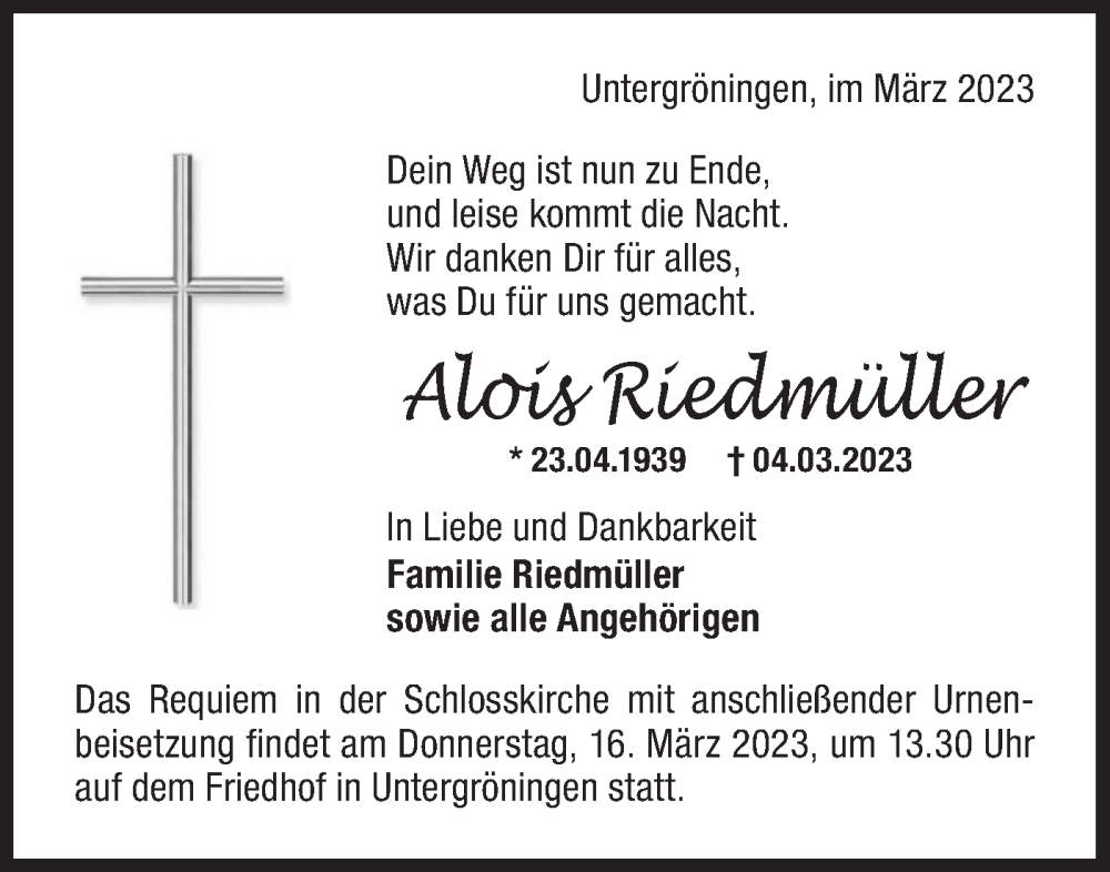  Traueranzeige für Alois Riedmüller vom 14.03.2023 aus Rundschau Gaildorf
