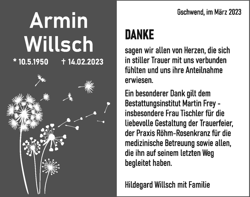  Traueranzeige für Armin Willsch vom 09.03.2023 aus Rundschau Gaildorf