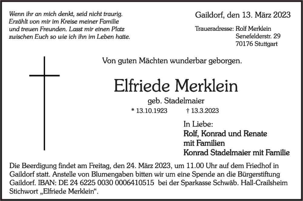  Traueranzeige für Elfriede Merklein vom 21.03.2023 aus Haller Tagblatt