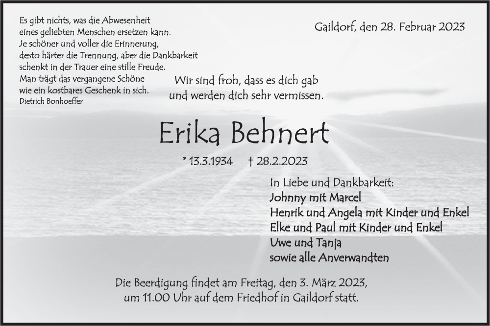  Traueranzeige für Erika Behnert vom 02.03.2023 aus Rundschau Gaildorf