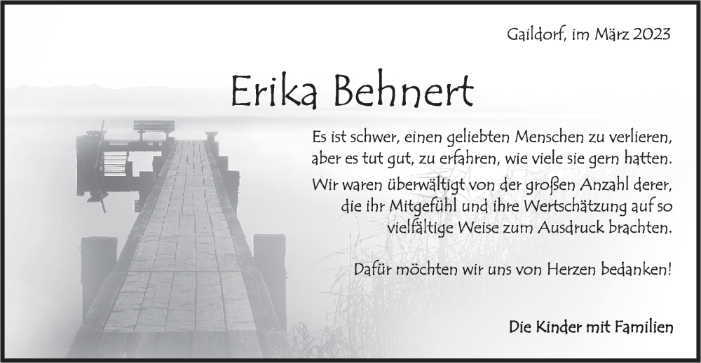  Traueranzeige für Erika Behnert vom 18.03.2023 aus Rundschau Gaildorf