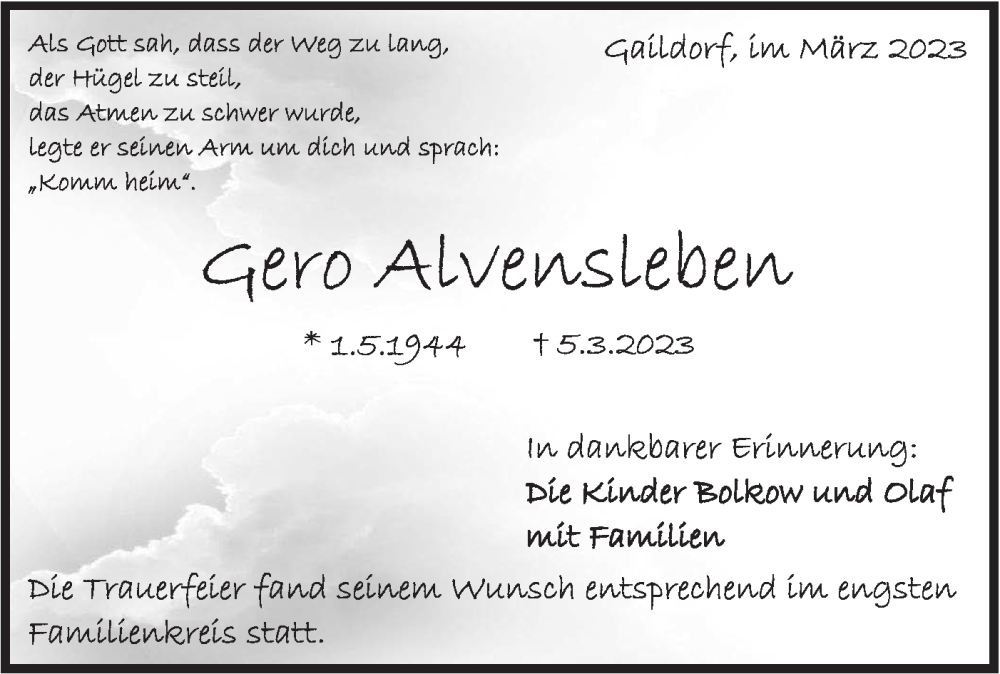  Traueranzeige für Gero Alvensleben vom 18.03.2023 aus Rundschau Gaildorf
