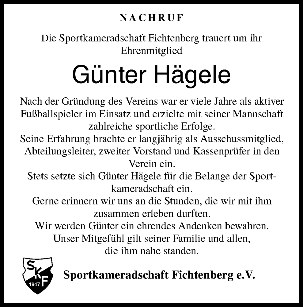  Traueranzeige für Günter Hägele vom 14.03.2023 aus Rundschau Gaildorf