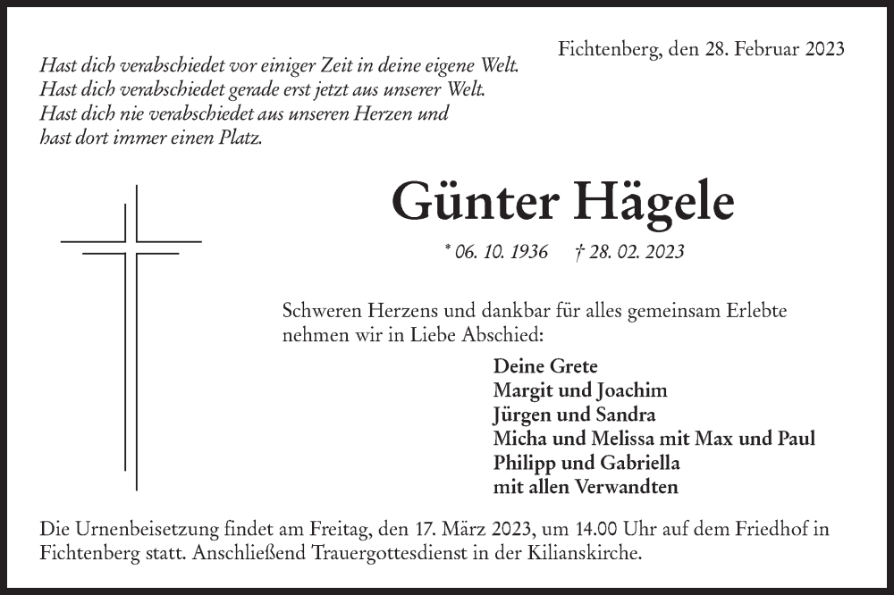  Traueranzeige für Günter Hägele vom 13.03.2023 aus Rundschau Gaildorf