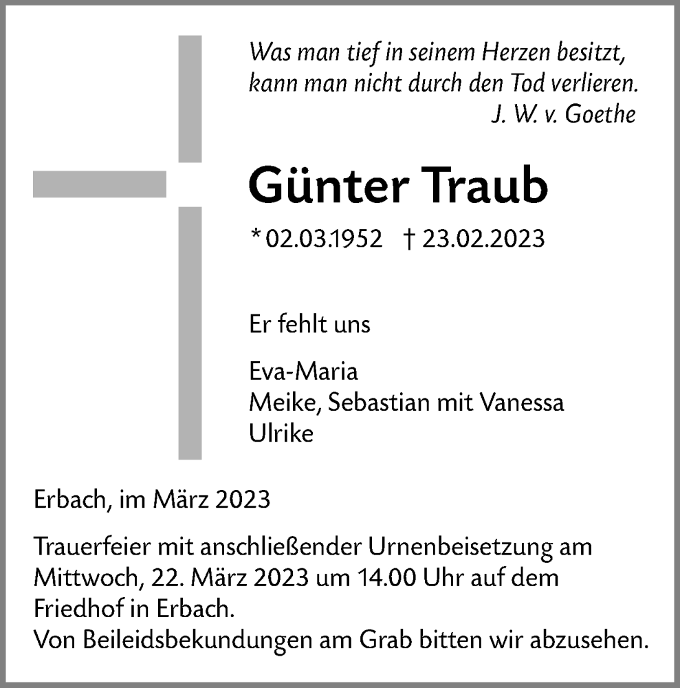  Traueranzeige für Günter Traub vom 18.03.2023 aus SÜDWEST PRESSE Ausgabe Ulm/Neu-Ulm