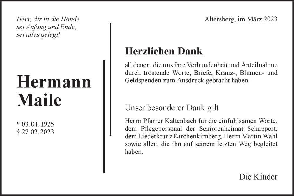  Traueranzeige für Hermann Maile vom 18.03.2023 aus Rundschau Gaildorf