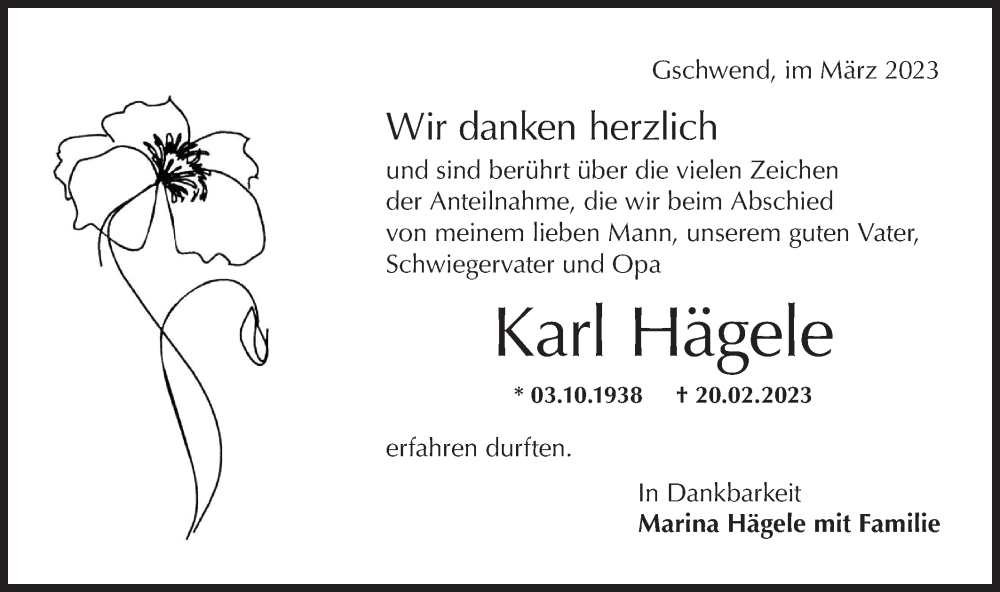  Traueranzeige für Karl Hägele vom 15.03.2023 aus Rundschau Gaildorf