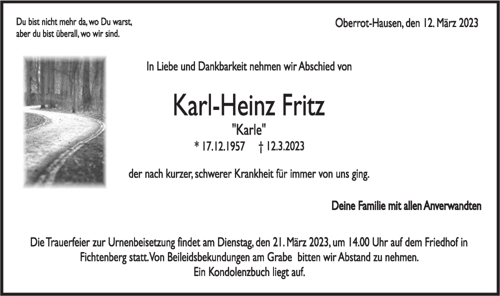  Traueranzeige für Karl-Heinz Fritz vom 18.03.2023 aus Rundschau Gaildorf