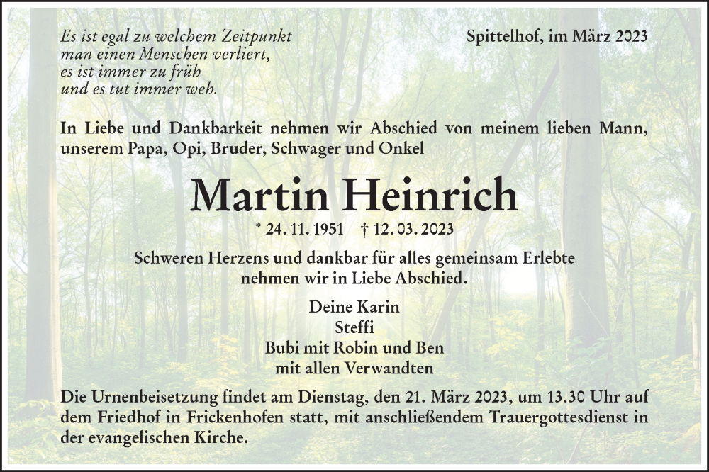 Traueranzeige für Martin Heinrich vom 18.03.2023 aus Rundschau Gaildorf