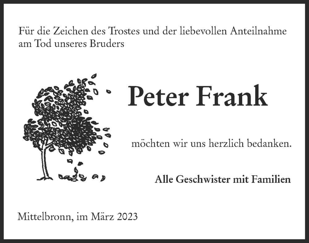  Traueranzeige für Peter Frank vom 15.03.2023 aus Rundschau Gaildorf