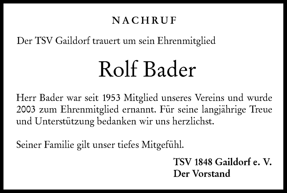  Traueranzeige für Rolf Bader vom 22.03.2023 aus Rundschau Gaildorf