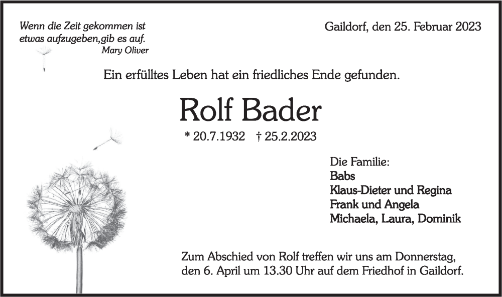  Traueranzeige für Rolf Bader vom 18.03.2023 aus Rundschau Gaildorf