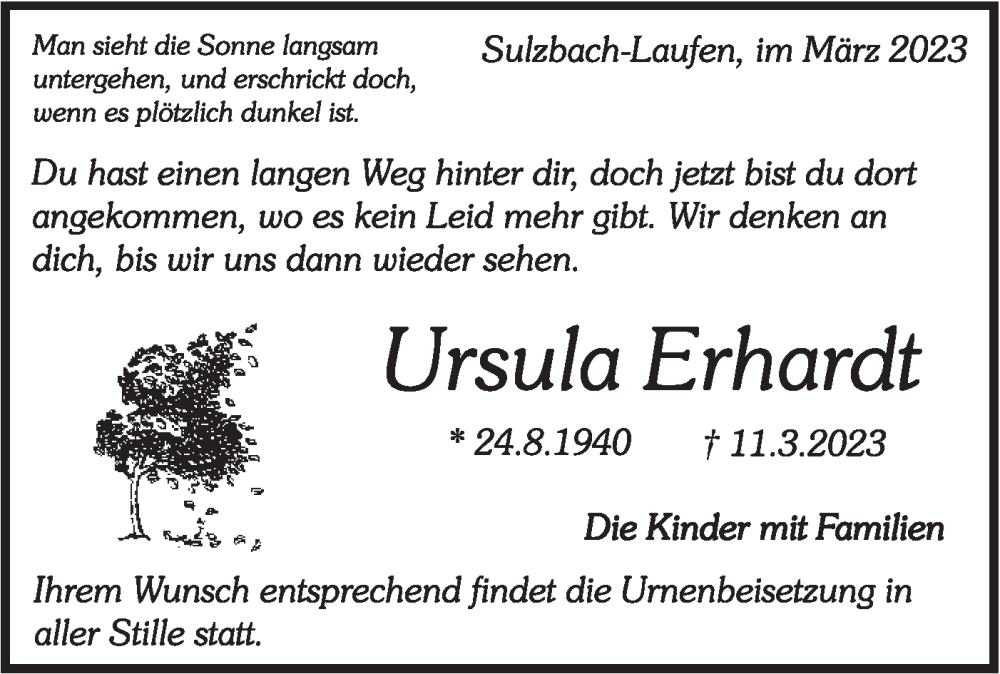  Traueranzeige für Ursula Erhardt vom 16.03.2023 aus Rundschau Gaildorf