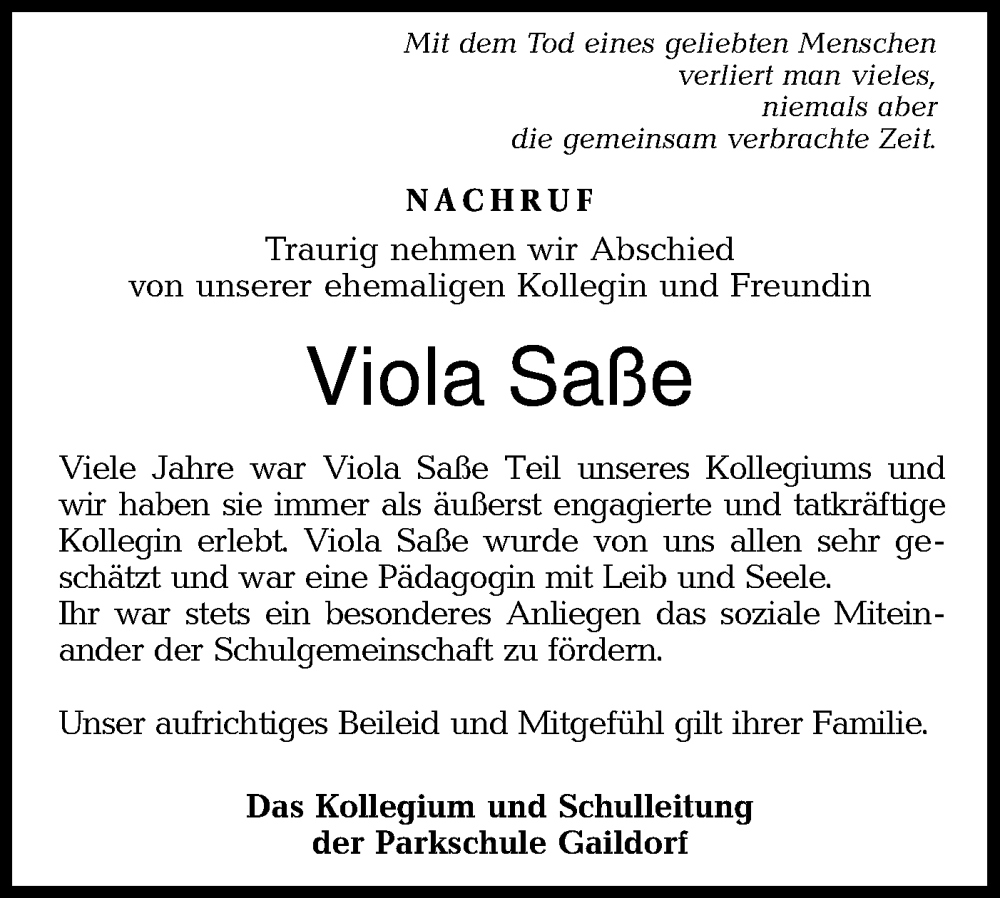  Traueranzeige für Viola Saße vom 18.03.2023 aus Rundschau Gaildorf