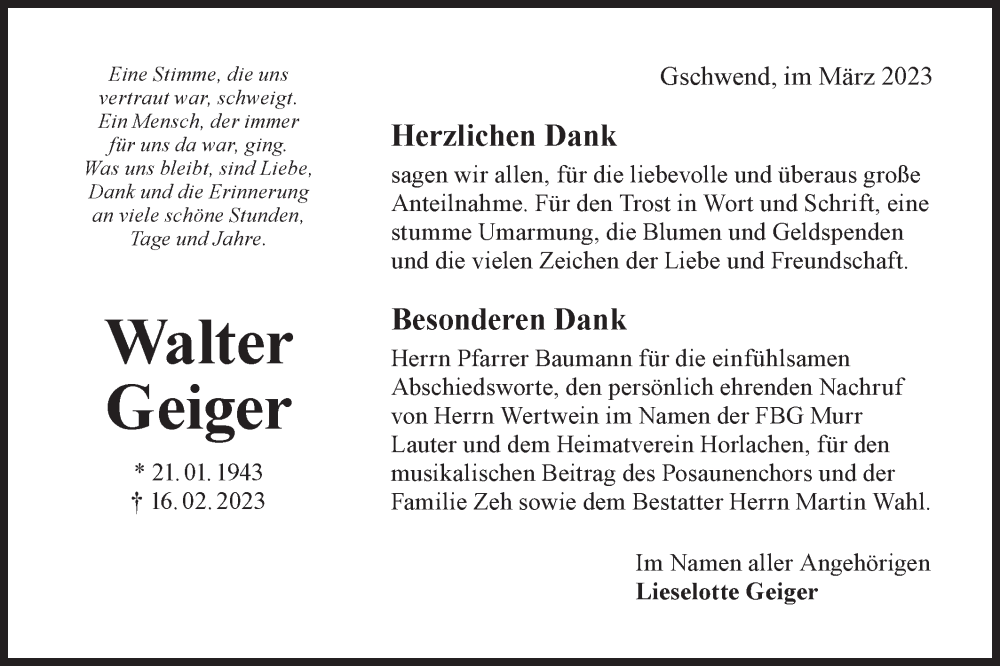  Traueranzeige für Walter Geiger vom 18.03.2023 aus Rundschau Gaildorf