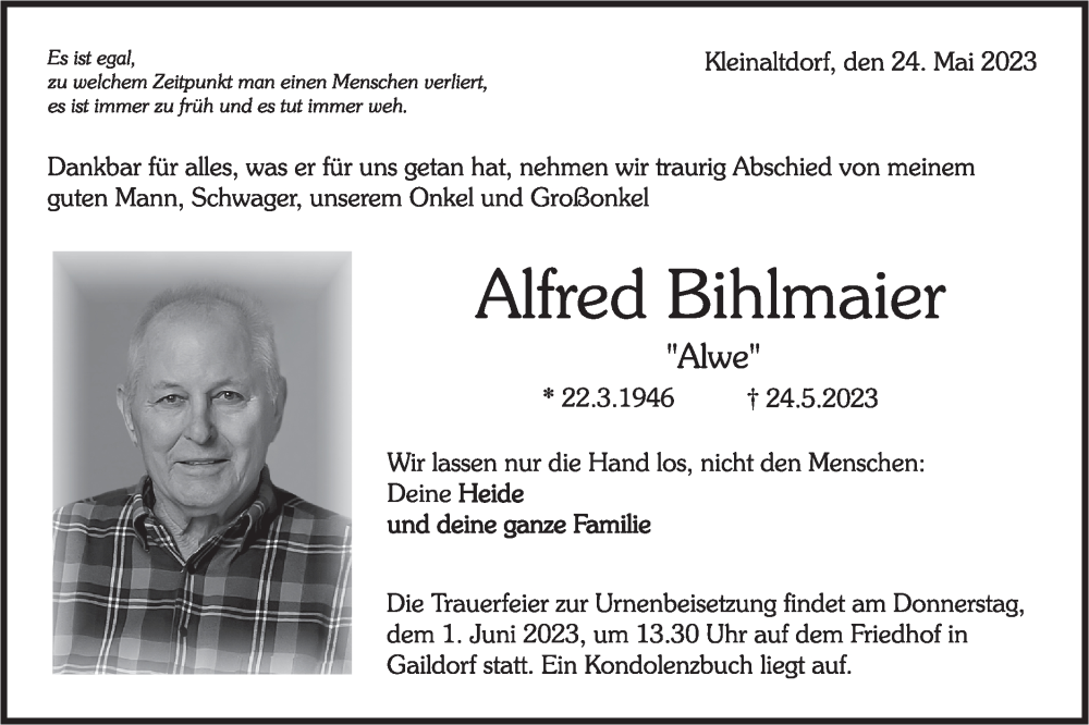  Traueranzeige für Alfred Bihlmaier vom 27.05.2023 aus Rundschau Gaildorf