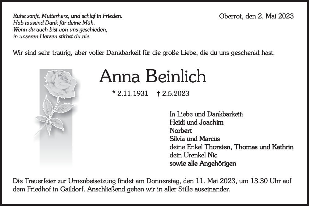  Traueranzeige für Anna Beinlich vom 09.05.2023 aus Rundschau Gaildorf