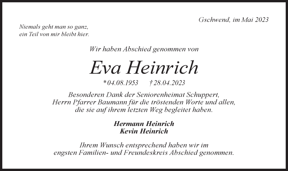  Traueranzeige für Eva Heinrich vom 10.05.2023 aus Rundschau Gaildorf