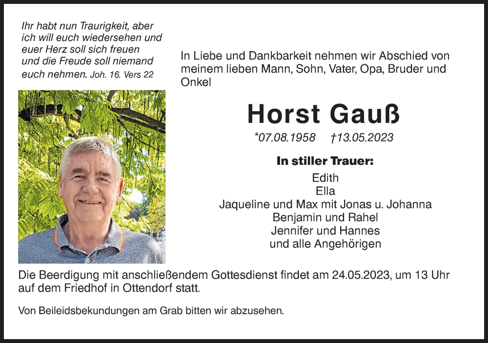  Traueranzeige für Horst Gauß vom 20.05.2023 aus Rundschau Gaildorf