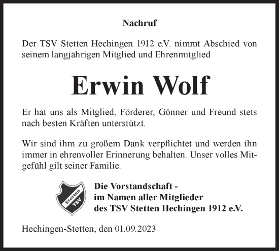 Traueranzeige von Erwin Wolf von Hohenzollerische Zeitung